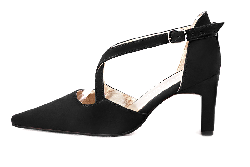 Matt black women's open side shoes, with crossed straps. Tapered toe. High comma heels. Profile view - Florence KOOIJMAN